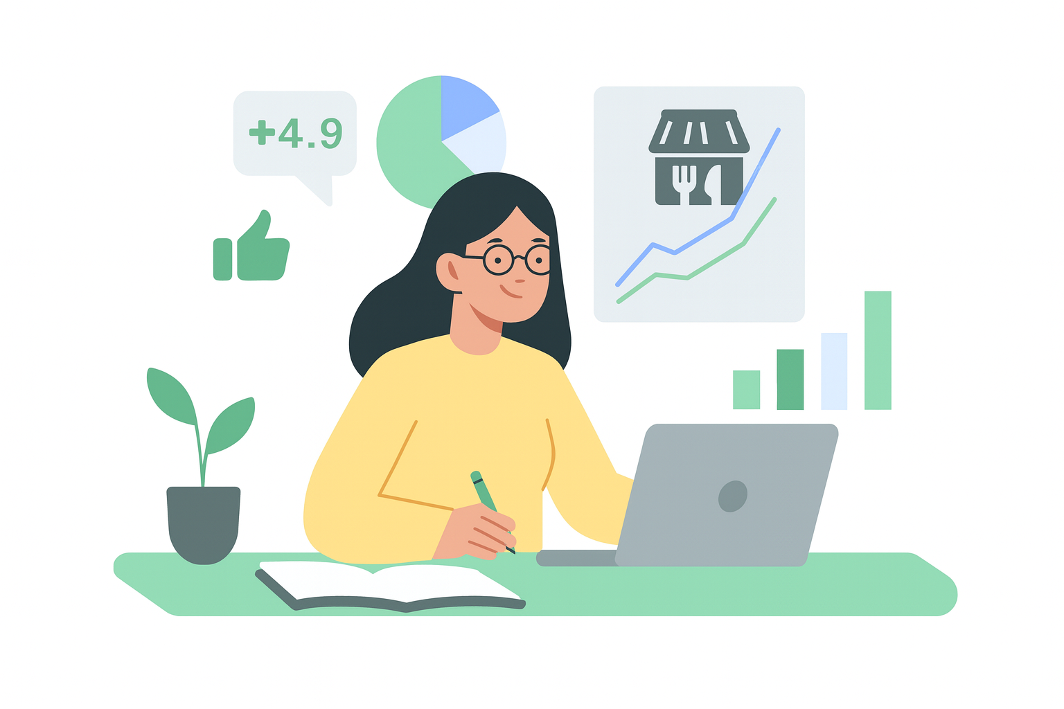 Ilustración de una dueña de local gastronómico analizando datos y gráficos de su negocio en una laptop